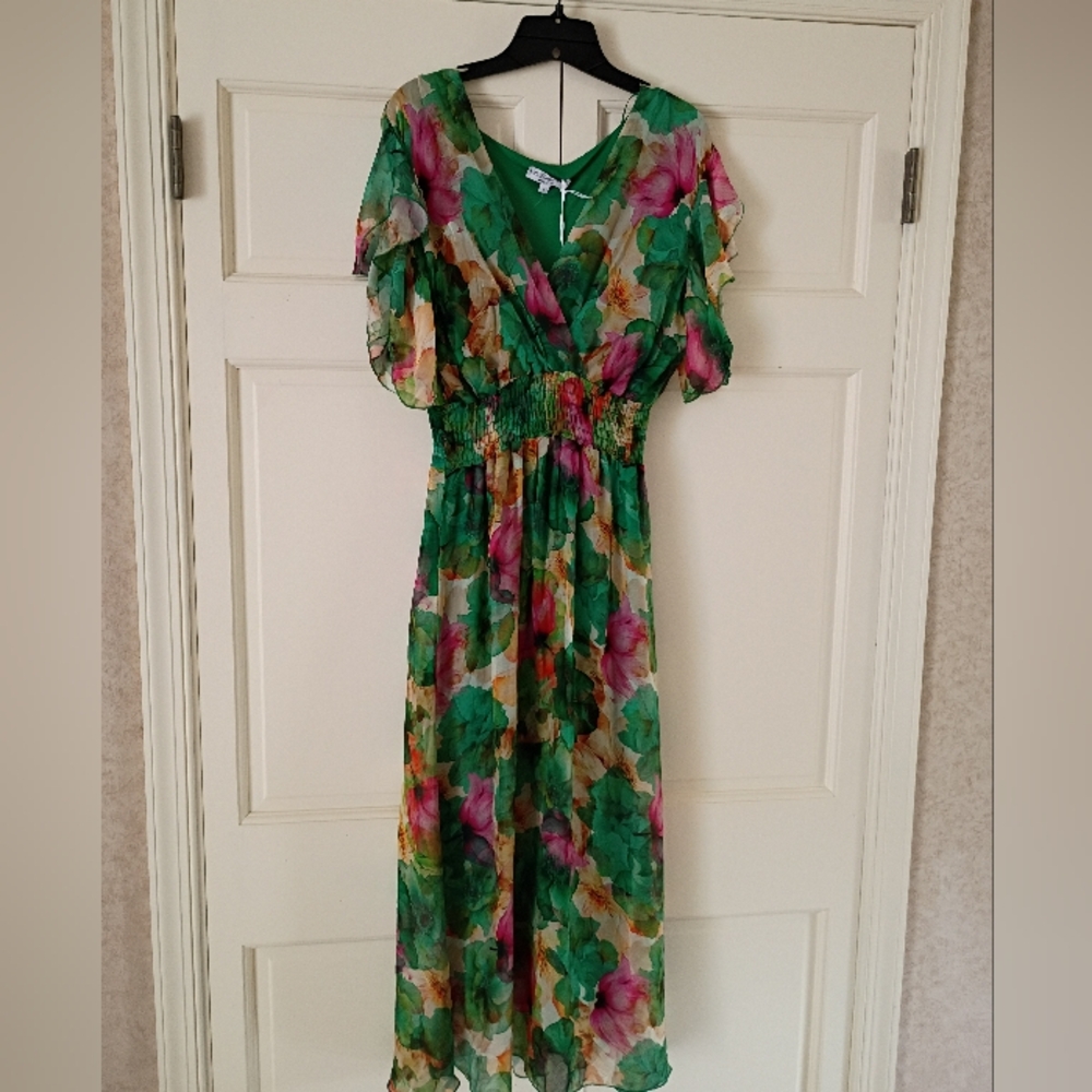 NWT.Le Ragazze Multi Color Silk Mide Dress.Pit To Pit 21" - Picture 2 of 9